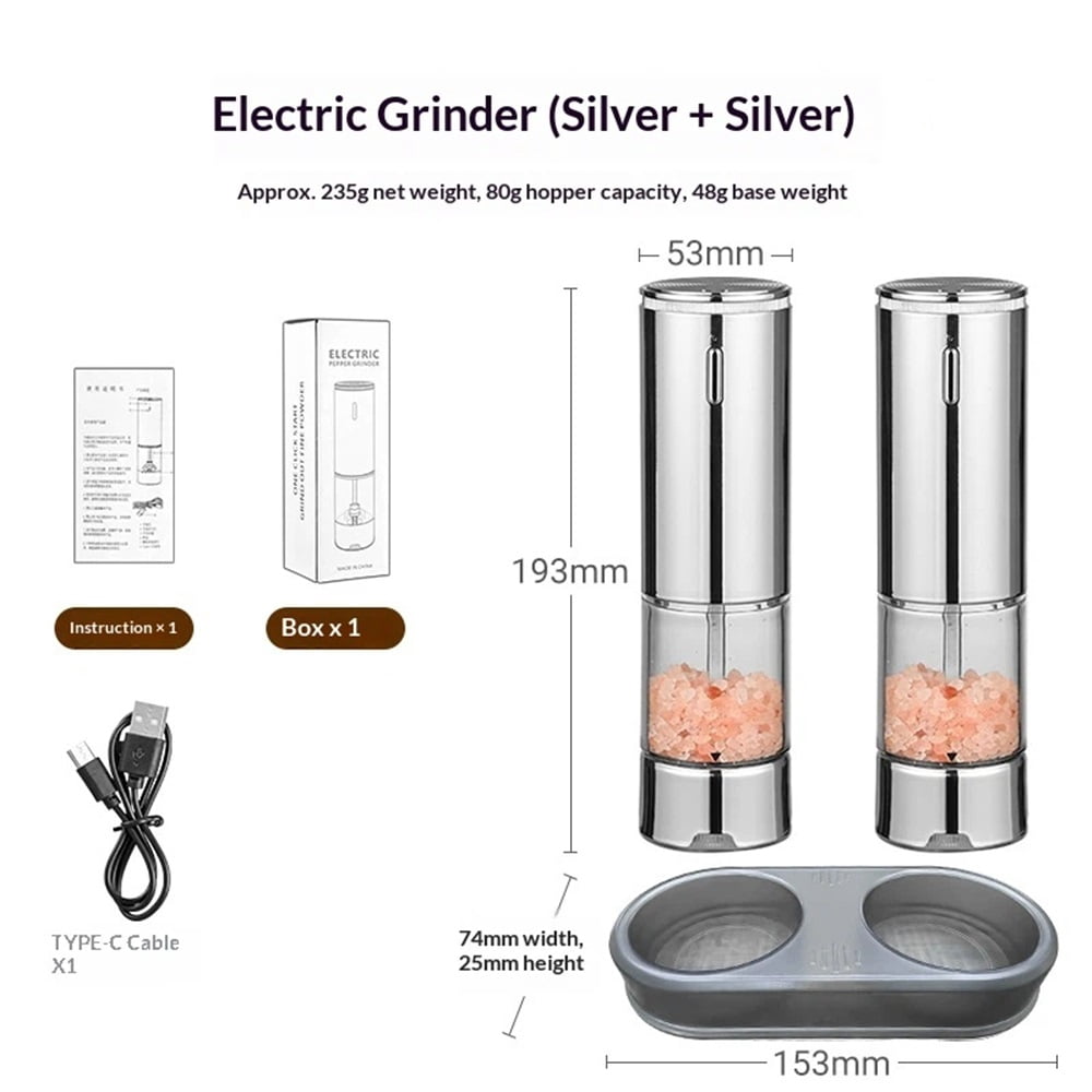 2 pack Electric Salt and Pepper Grinder Set Automatic Refillable Salt and Pepper Grinders with LED Light Pepper Grinder Kitchen Gadgets Adjustable Coarseness,One Handed Operation, Large Capacity