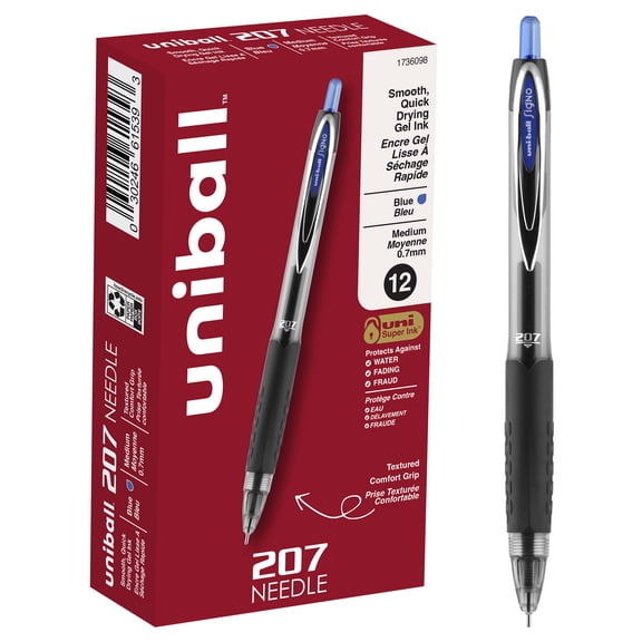 uniball 207 Needle Retractable Gel Pens, Medium Point (0.7mm), Blue Ink, 12 Count