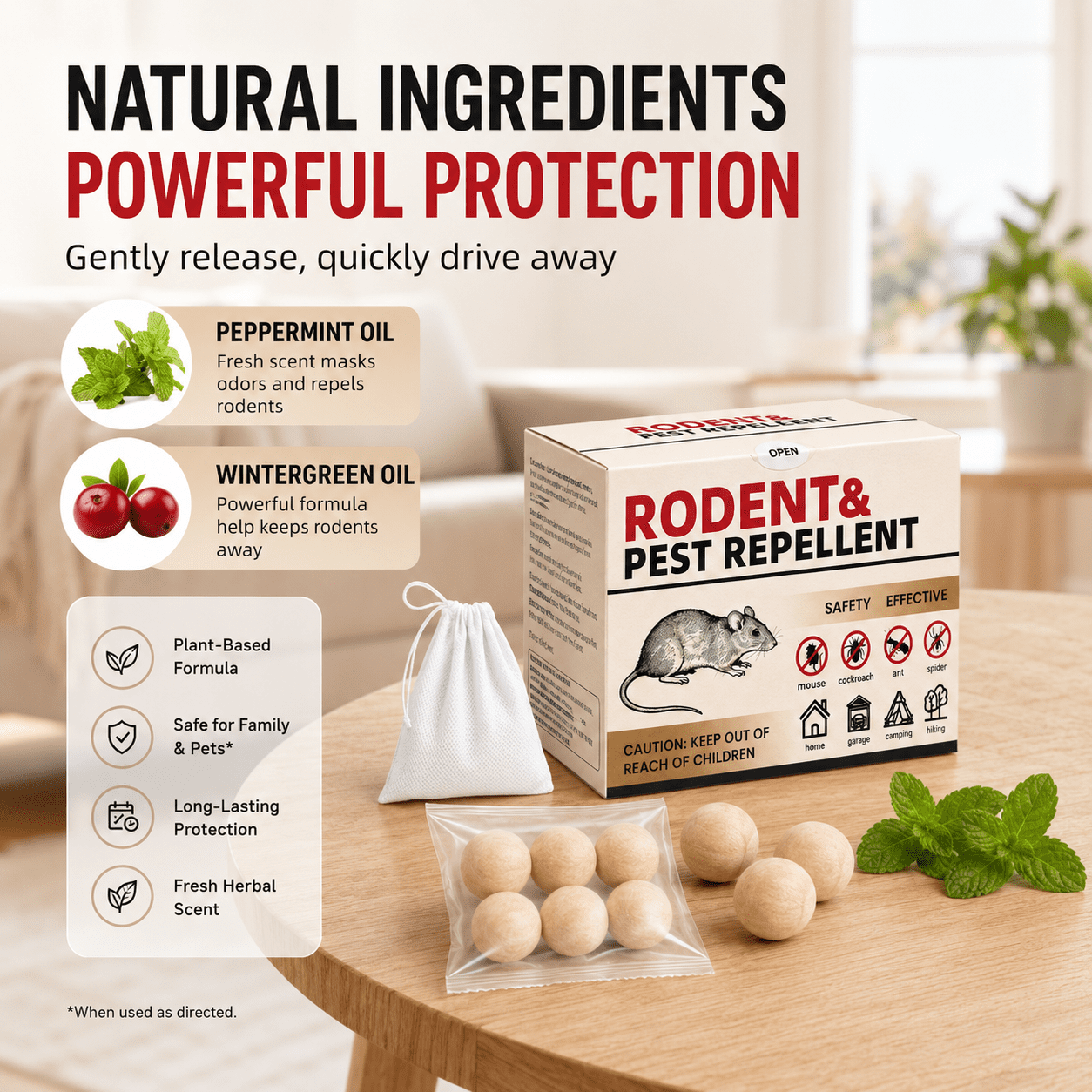 MouseRepellent 36 Balls, PeppermintRodentRepellent for Indoor & Outdoor Use, Long-Lasting Safe Mice Deterrent, Natural Effective Moth Balls forRodent Control for Home, Car & Garden