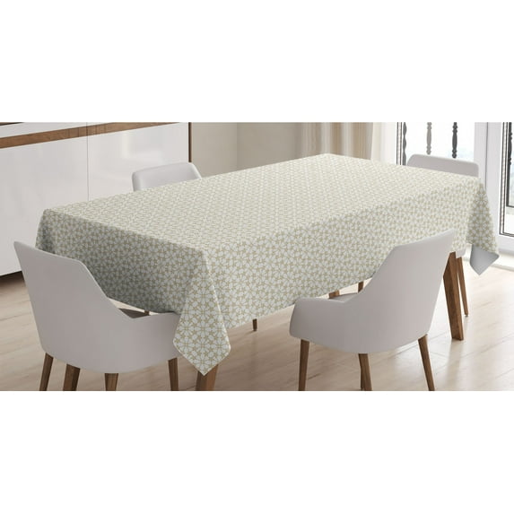 Beige Tablecloth, Abstract Floral Pattern with Star Design Nature Illustration Circular Arrangement, Rectangle Satin Table Cover Accent for Dining Room and Kitchen, 52" X 70", Tan White, by Ambesonne