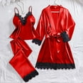 thumbnail image 4 of Rotm 3PC Satin Pajamas Silk Satin Pajamas for Women Set Silk Pjs Long Sleeve Top Cozy Sleepwear Silky Pajamas Red,XL, 4 of 5