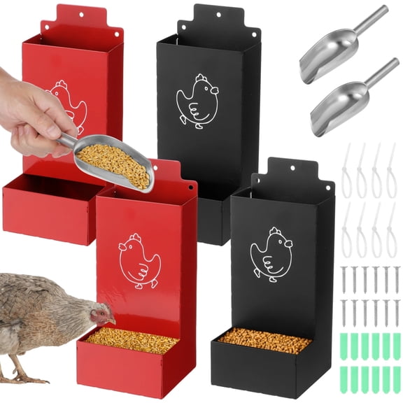 4 Pcs Chicken Grit Feeders, Metal Oyster Shell Feeders, Automatic Gravity Feeding Dispensers, Hanging Chicken Feeders, Poultry Coop Accessories, 2 Scoops Included