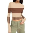 thumbnail image 2 of VOONCAS Womens Crop Tops Long Sleeve Casual Crew Neck Fall Winter Print Khaki Going Out Tops for Women Size M, 2 of 5
