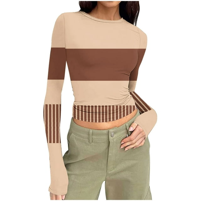 Kaemgyyd Womens Long Sleeve Shirts Fall Fashion Striped Basic Tops Going out Workout Outfits Plus Size Spring Clothes
