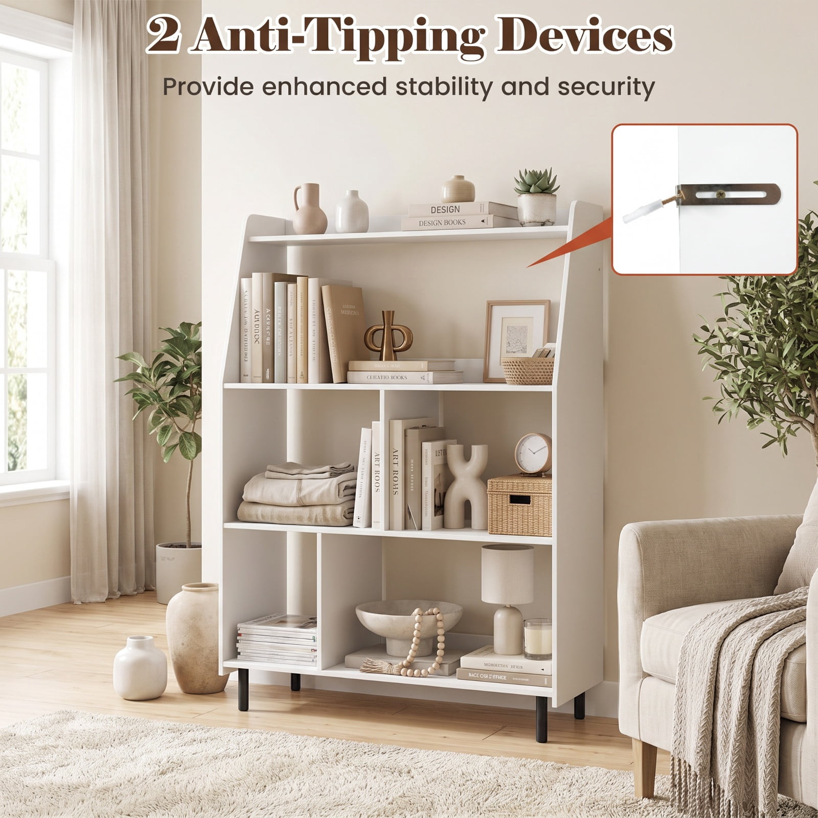 Furnibear 4-Tier Open Modern Bookcase with 2 Anti-Tipping Kits for Living Room Home Office Bedroom Display Storage Shelf, White