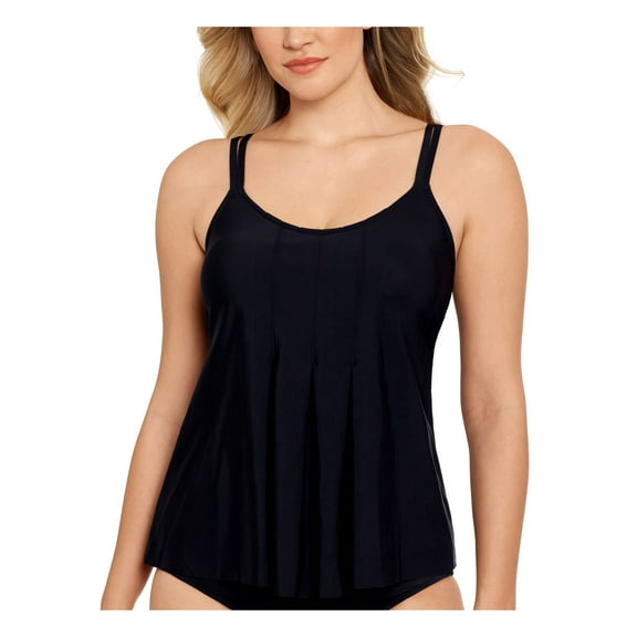 SWIM SOLUTIONS Women's Black Pleated Adjustable Scoop Neck Tankini Swimsuit Top 8