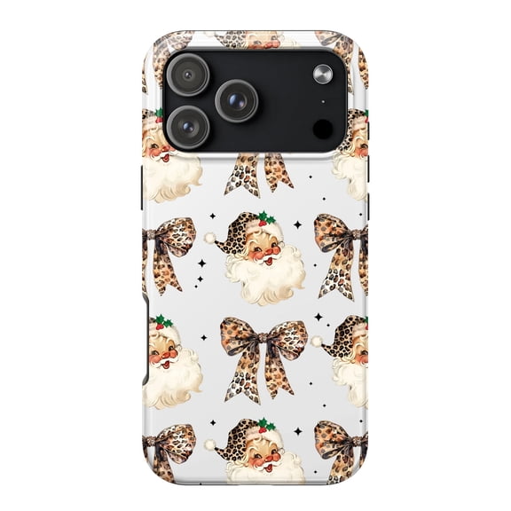 SSWD Double-Layer Glossy Phone Case for iPhone 17, Santa Claus leopard print bow Pattern PBT TPU Cases Shockproof Cover 1-PC
