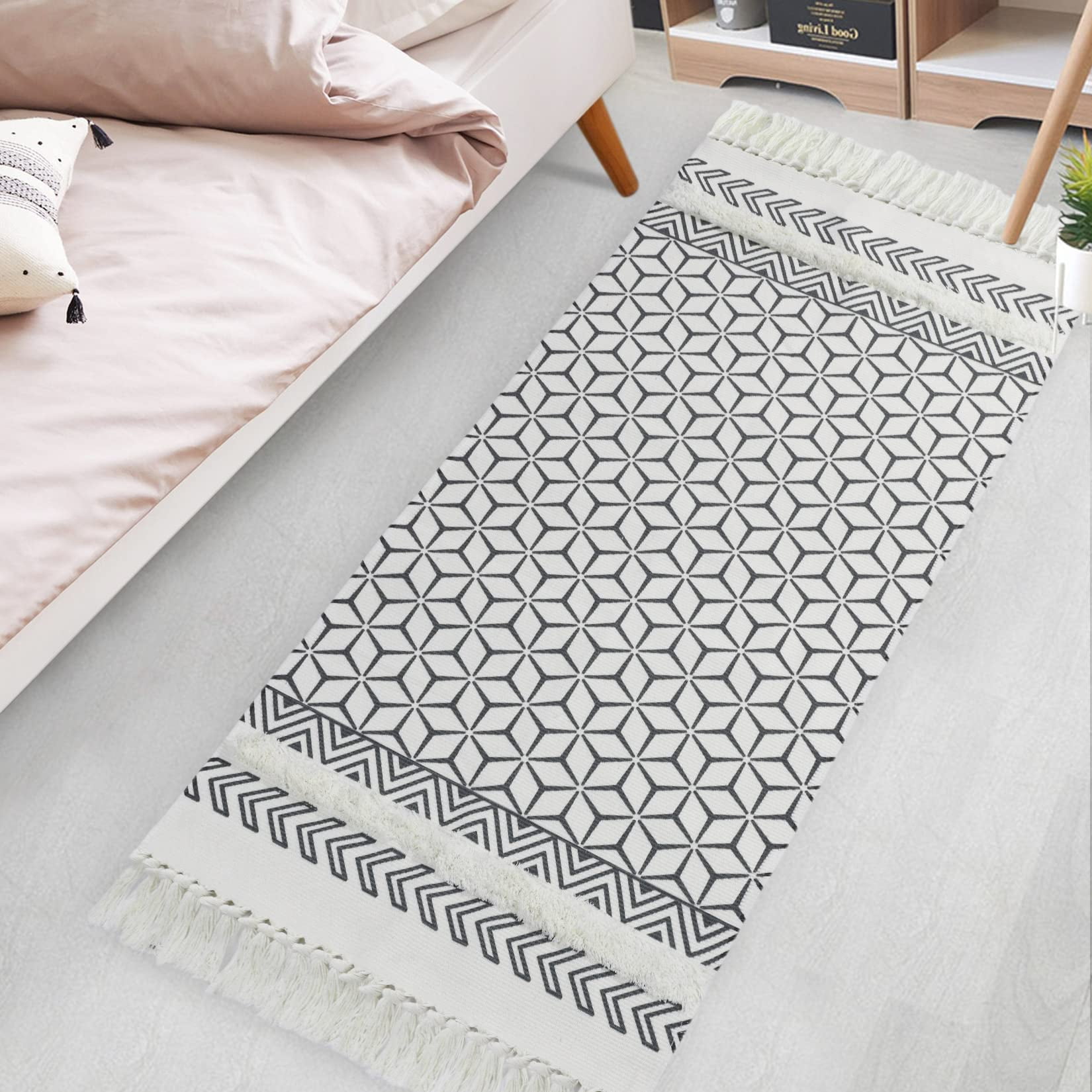 Boho Bathroom Rug Tufted Geometric Cotton Bath Mat Black and White Bath