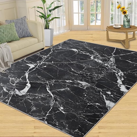 Black White Marble Rug for Living Room - Natural Stone Rug Non Slip Washable Neutral Abstract Rugs & Home Decor - Modern Glam Carpet 5 x 6ft
