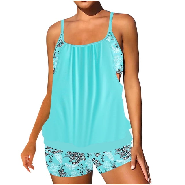 Swimsuit for Women, Plus Size Conservative Lace Stitching Split Set with Matching Top and Swim Trunks, Light Blue, L