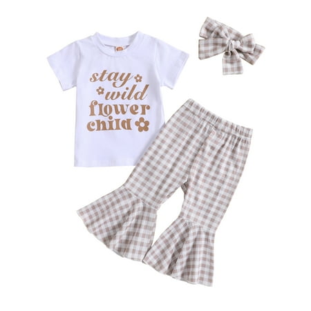 

Wassery Baby Girls Clothes 6M 12M 18M 24M 3T Toddle hort Sleeve Letter Print Tops + Plaid Flared Pants + Headband 3Pcs Newborn Summer Casual Outfit Sets