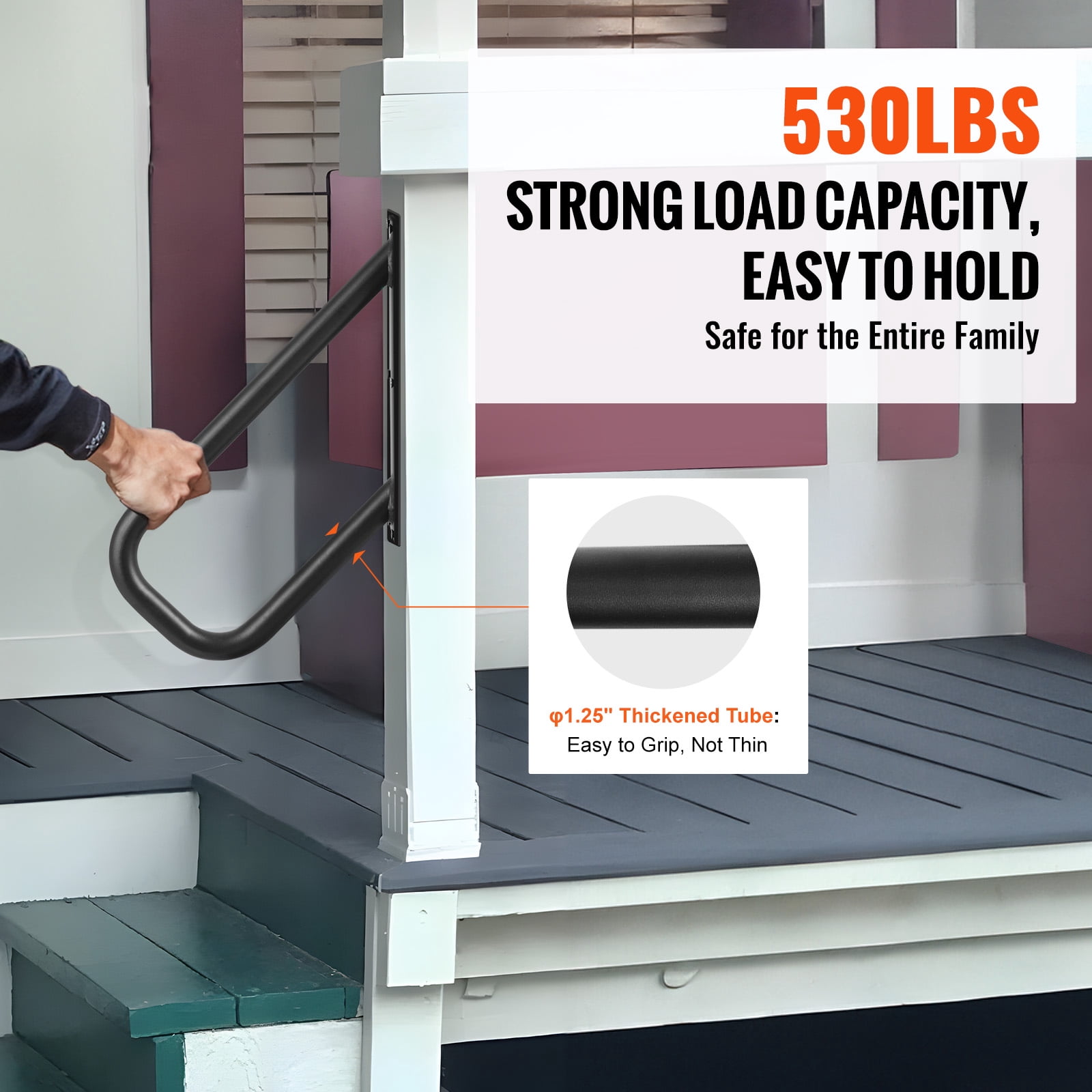 SKYSHALO Outdoor Step Handrails, 18.9" Long 1.3"Pipe, Wall-Mounted Safety Rails for 1-2 Steps, Matte Black Stair Rail for Garden, Yard, Garage, Support for Elderly, Pregnant, Disabled