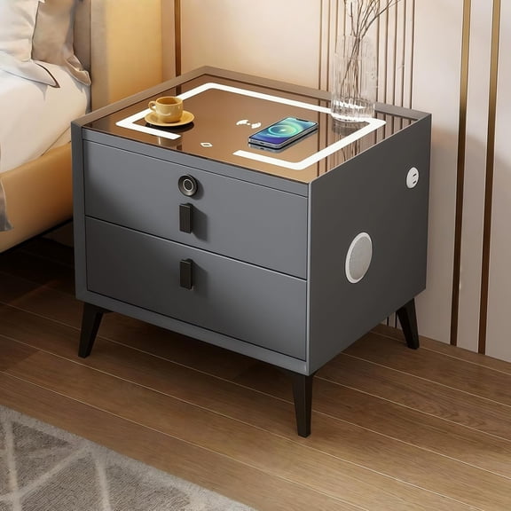 Smart Nightstand with Charging Station, Adjustable LED, Bluetooth Speaker, USB Ports, Fingerprint Lock, Bed Side Tables Bedroom Nightstand with Drawers for Bedroom (Dark Grey, 2-Drawer)