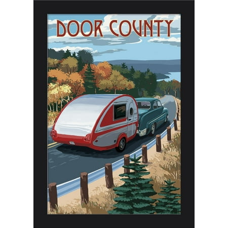 Door County, Wisconsin - Retro Camper Cruise - Lantern Press Artwork (12x18 Giclee Art Print, Gallery Framed, Black