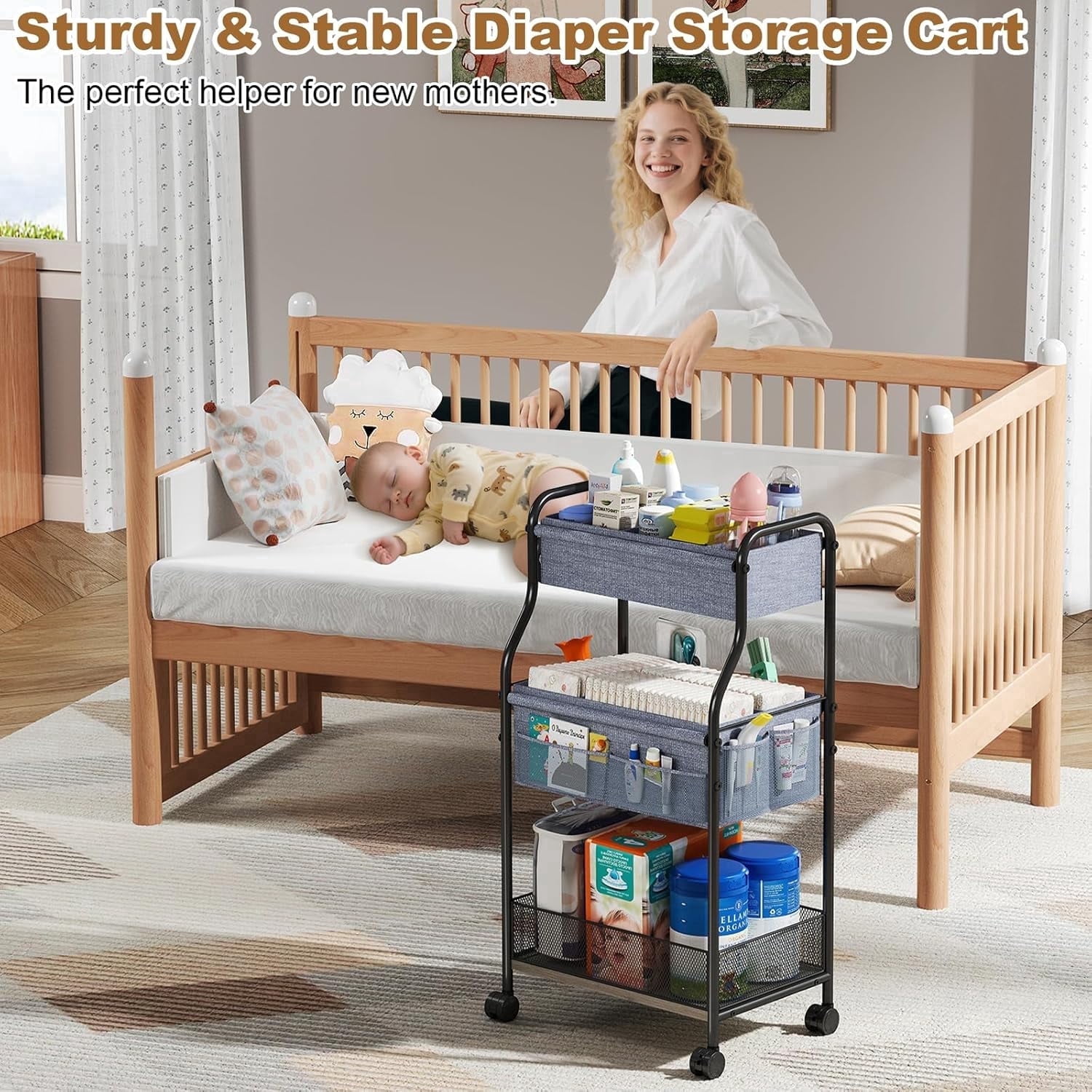 X-COSRACK 3-Tier Rolling Baby Diaper Organizer Cart, Metal Nursery Utility Cart with Wheels & Removable Dividers, Multi-Purpose Storage for Bathroom & Kitchen