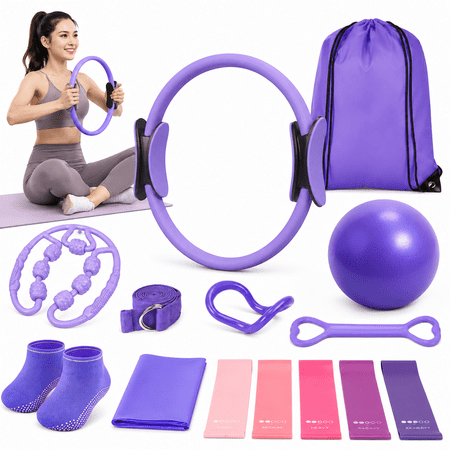 14-Piece Pilates Set for Women, Home Workout Kit with Yoga Ball, Pilates Ring, Resistance Bands and Accessories, Full Body Exercise Equipment for Strength Training, Toning and Flexibility