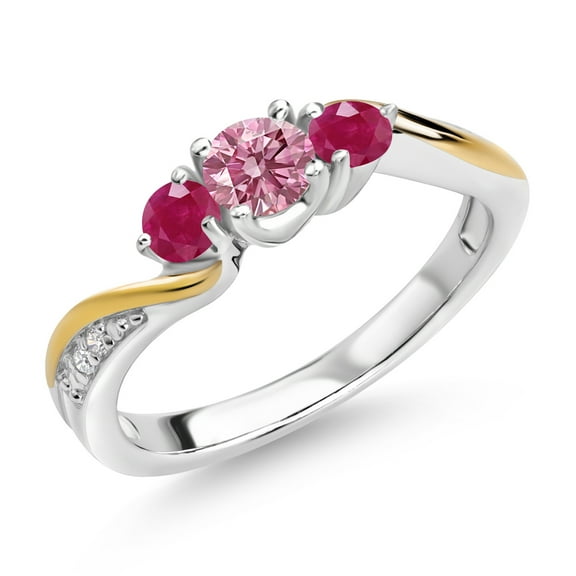 Gem Stone King 925 Silver and 10K Yellow Gold Pink and White Lab Grown Diamond Red Ruby 3 Stone Engagement Ring for Women (0.59 Cttw, April Birthstone, Size 5)