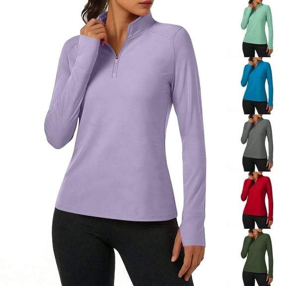 Women's Long Sleeve Quarter Zip Athletic Tops - Lightweight Moisture Wicking Workout Shirts, Slim Fit Running Gym Pullover with Thumbholes Army Green L