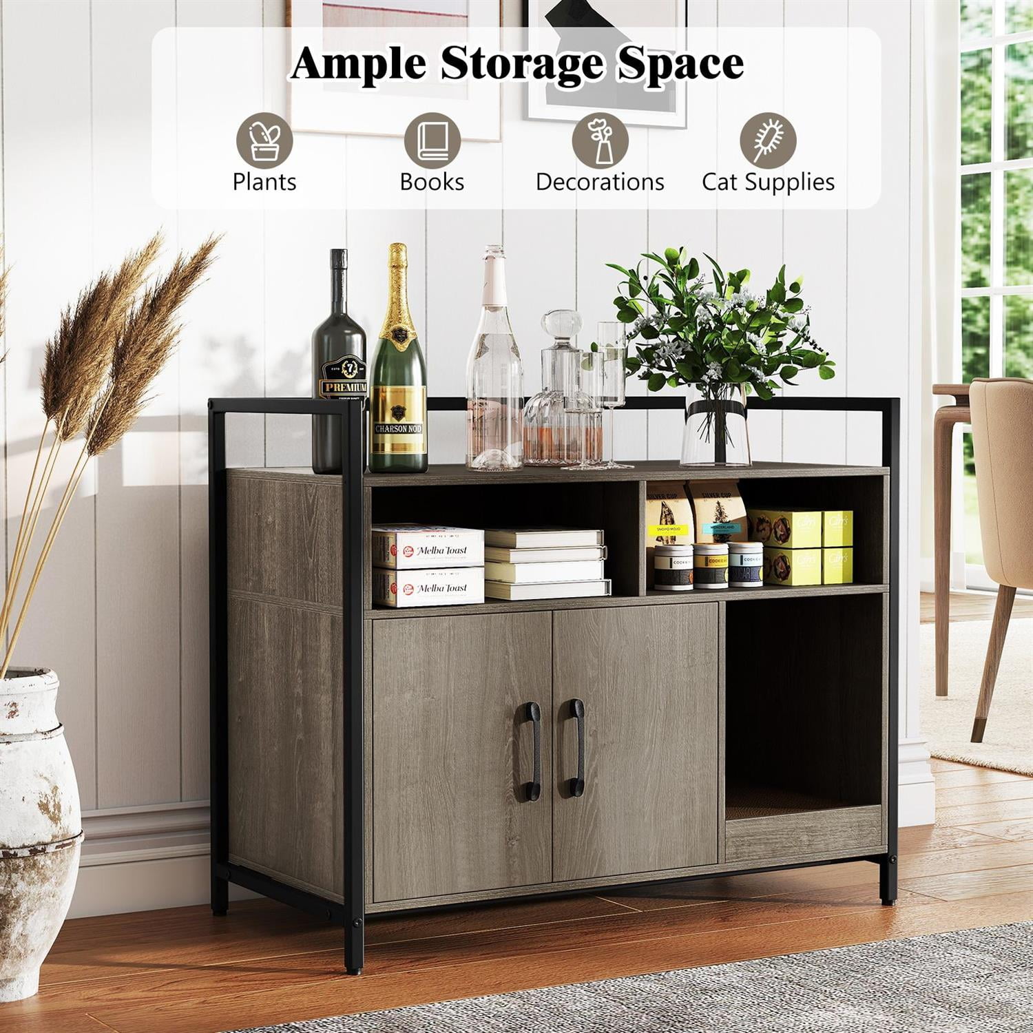 Pefilos Hidden Cat Washroom, Double Doors & Scratch Cardboard, Vent Holes & Anti-Toppling, Oak (Brown)