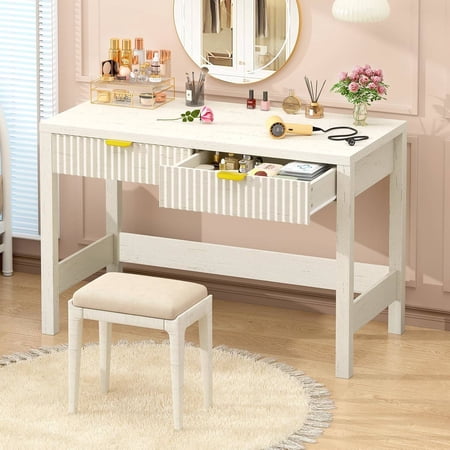 Fluted Computer Desk with 2 Drawers, 39 Inch Small Writing Study Desk for Small Spaces, White