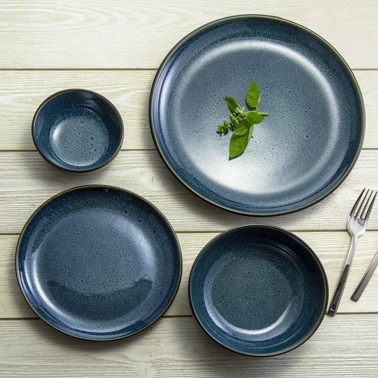 Sango 16-Piece Stoneware Dinnerware Set For 4 - Teal Speckled Plates & Bowls, Microwave & Dishwasher Safe
