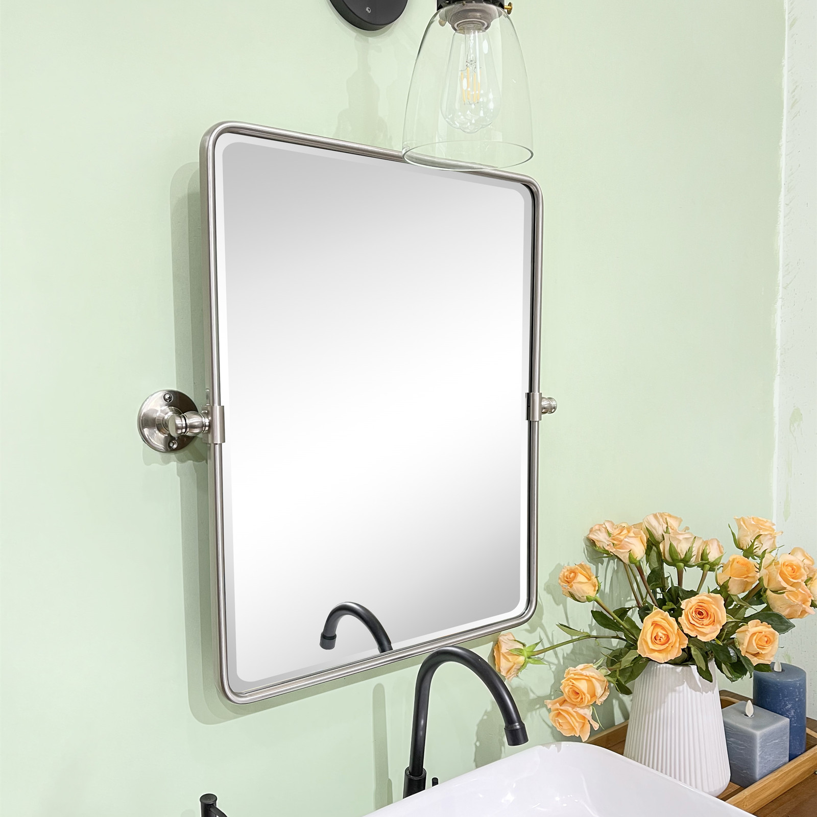 TEHOME Farmhouse Pivot Rectangle Bathroom Mirror Brushed Nickel Metal Framed  Tilting Beveled Vanity Mirrors 19x24