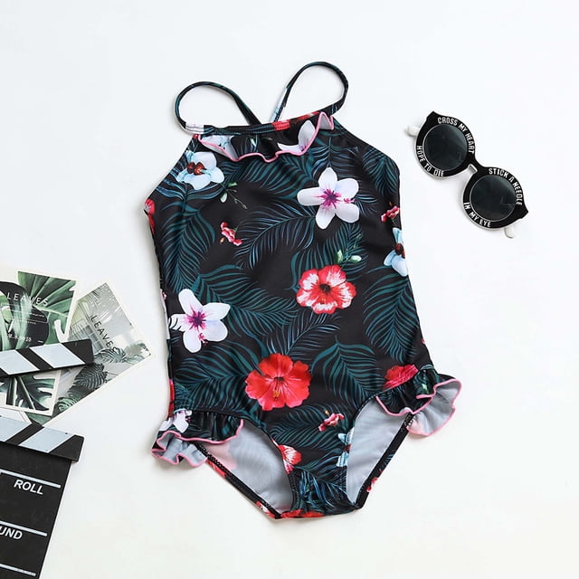 LSLJS Toddler Baby Girls Summer One-Piece Swimsuit Flower Print Ruffle Swimsuit, Baby Swimwear