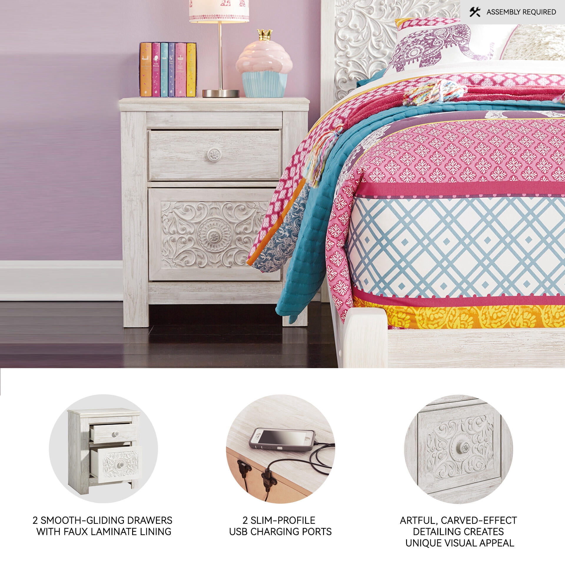 Signature Design by Ashley Traditional Paxberry 2 Drawer Nightstand, Whitewash