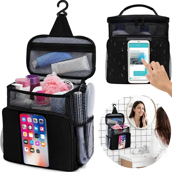 1 Pack Hanging Travel Toiletry Bag, Multifunctional Shower Caddy Organizer with Hook, Portable Mesh Bathroom Cosmetic Storage Bag, College Dorm Foldable Quick Dry Makeup Wash Bag