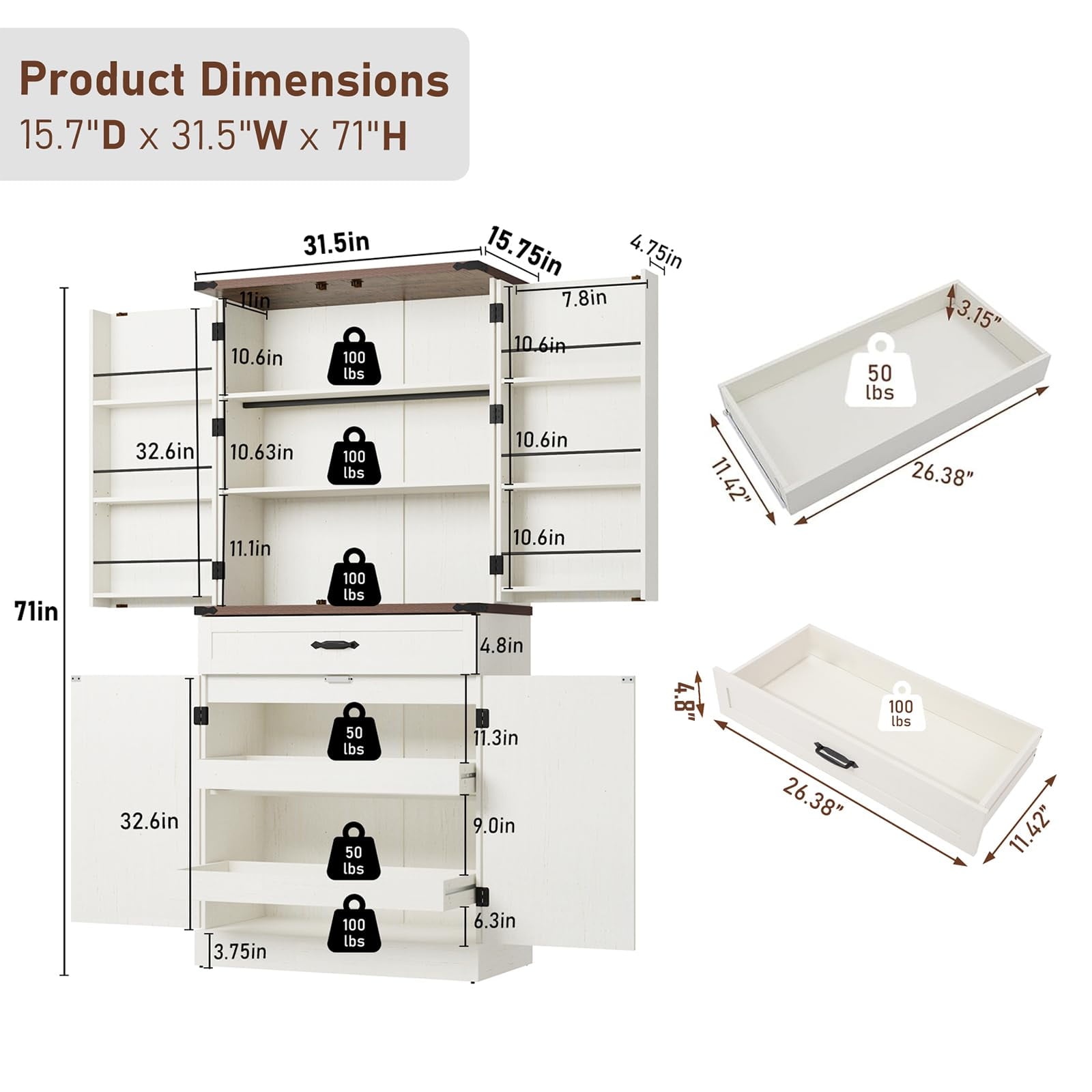 71" Tall Farmhouse Kitchen Pantry Cabinet with 6 Side Shelves & 3 Storage Drawer, Multifunctional Pantry Organizer with Adjustable Shelves & Load-Bearing Steel Pipe for Kitchen,Living Room, White
