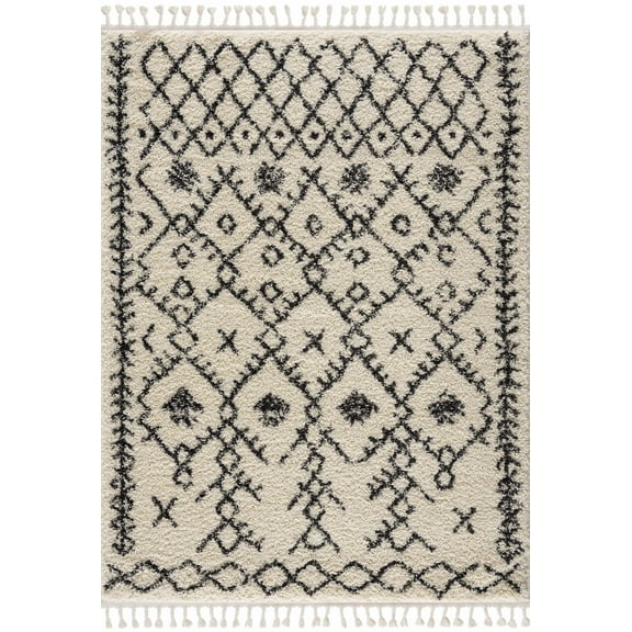 BoutiqueRugs Godalming Boho Moroccan Geometric Shag Small with Tassels for Living Room, Bedroom - Charcoal, Cream - 2' x 2'11"