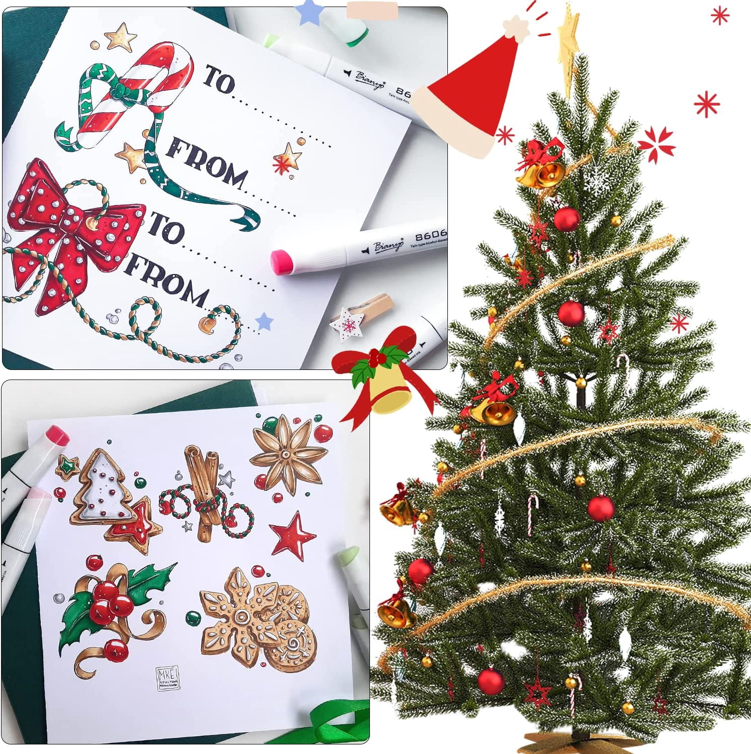 Bianyo 72 Primary Colors Alcohol-Based Dual Tip Bullet & Chisel Alcohol Markers with Christmas Design Bag