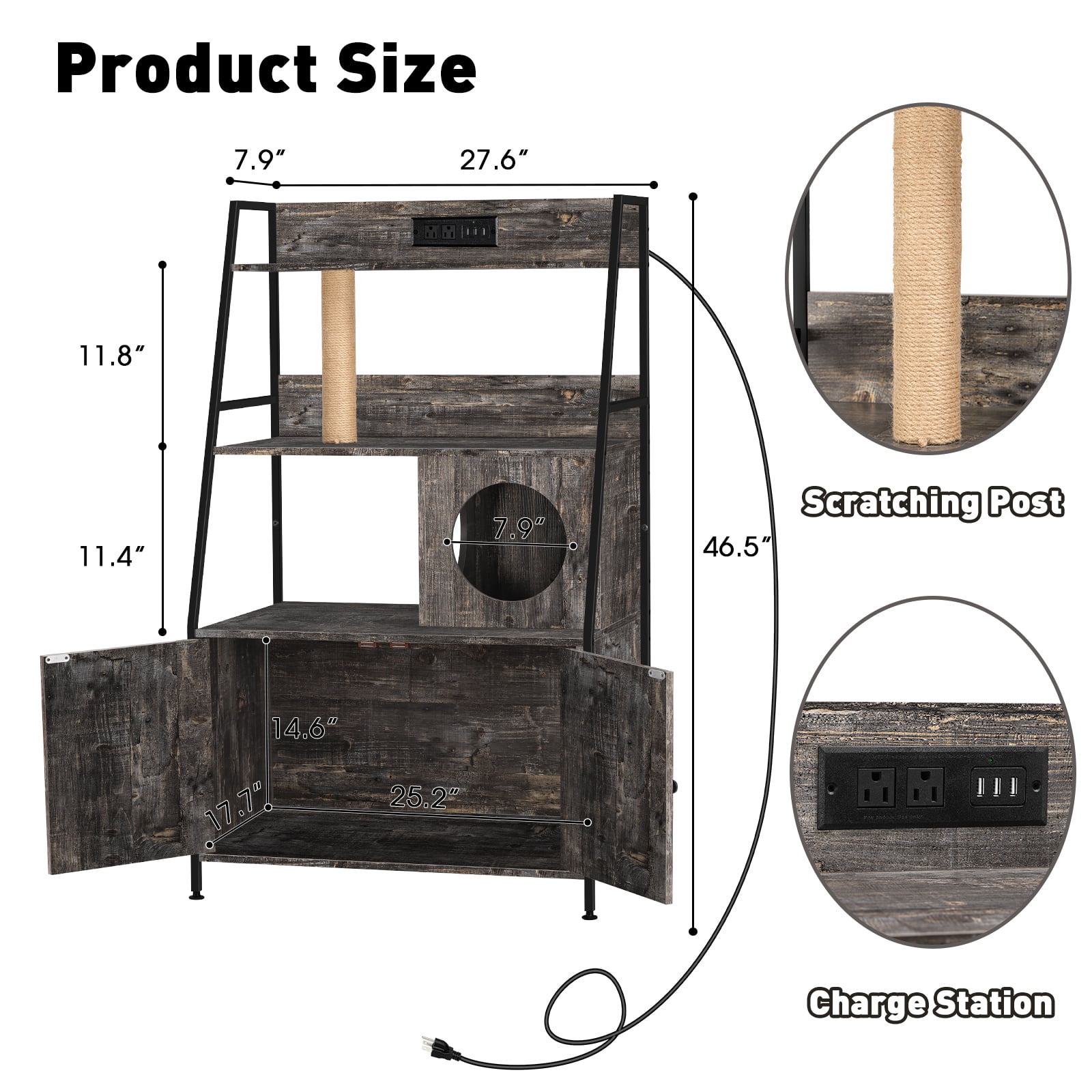 Nightstand Hidden Litter Box Side Table with Charging Post Gray