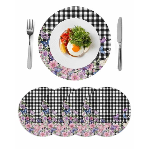 Spring Floral Round 13 Inch Placemats Set of 4, Black White Checkered Farmhouse Butterfly HeatResistant Non Slip Place Mats for Dining Table, Wipeable Braided Kitchen Table Mats for Housewarming