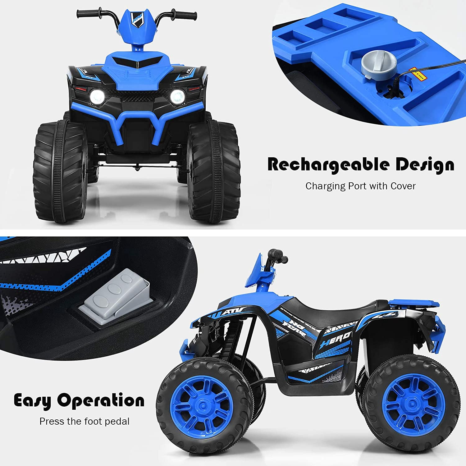 Infans 12V Kids 4-Wheeler ATV Quad Ride On Car w/ LED Light & Music Navy