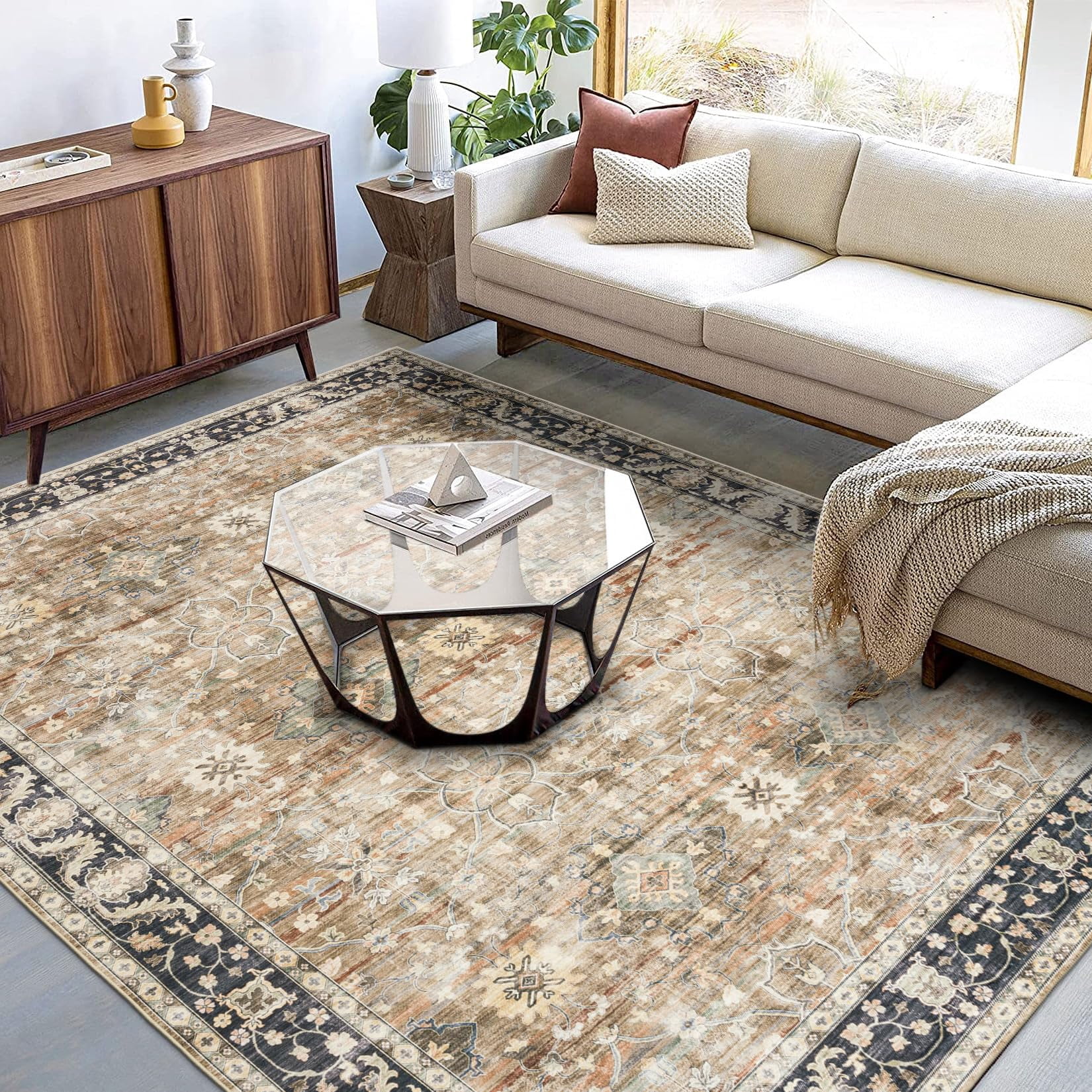 ReaLife Machine Washable Area Rug Runner - Living Room Bedroom Bathroom Kitchen Entryway Office - Padded Low Pile Stain Resistant Premium - Boho Farmhouse Vintage - Bev - Beige Tan Brown 3' x 5'