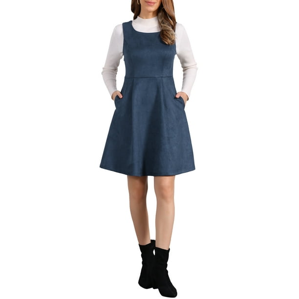 Vestido sin mangas casual vintage de gamuza sintética para mujer Inspire Chic, talla XS, azul oscuro