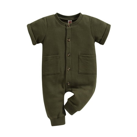 

Wassery Baby Girls Boys Cotton Jumpsuit 0-24M Summer Casual Jumpsuit Solid Color Short Sleeve O Neck Button Down Romper