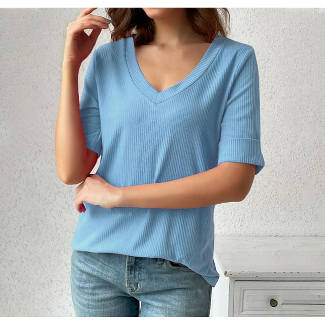AherBiu Ribbled Knit T Shirts for Women 1/2 Sleeve V Neck Causal Tops Blouses Summer Solid Color Basic Tees