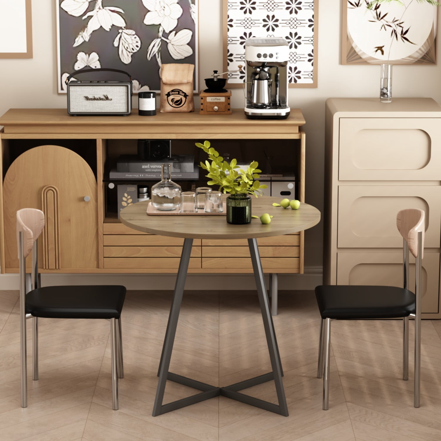 31.5" Round Dining Table, Modern Small Kitchen Table with Wood-Look Top & Black Metal Legs, Compact Circle Dining Table for 2-4 People, Apartment, Breakfast Nook & Home Office, Brown