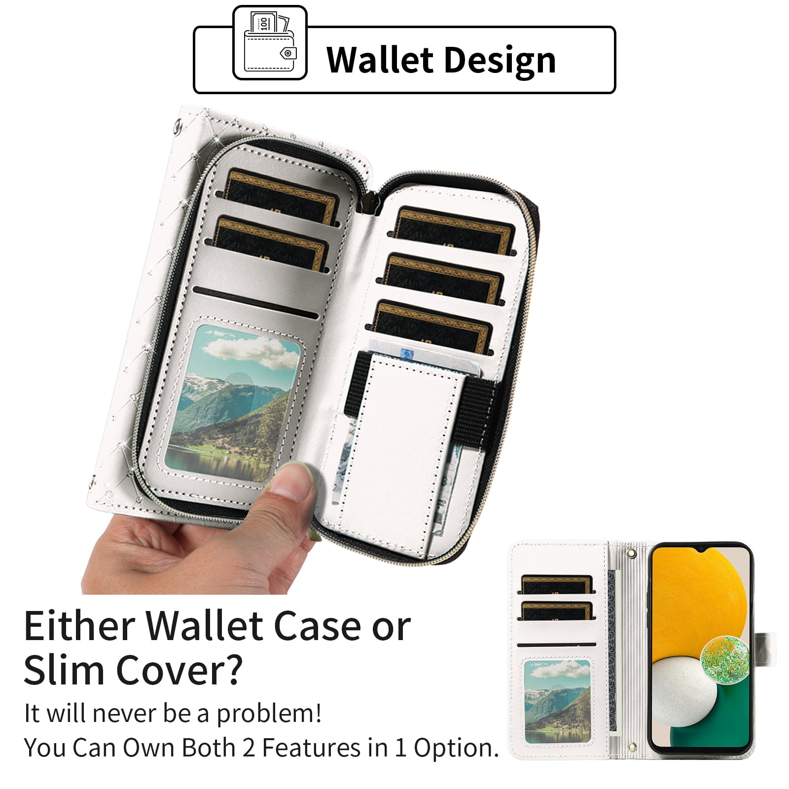 Compatible with Samsung Galaxy A13 5G Wallet Phone Case Tempered Glass Screen Protector Bling Glitter Crossbody Lanyard Strap Flip Zipper Purse Card Holder Cell Cover for A04S M13 A136U Women White
