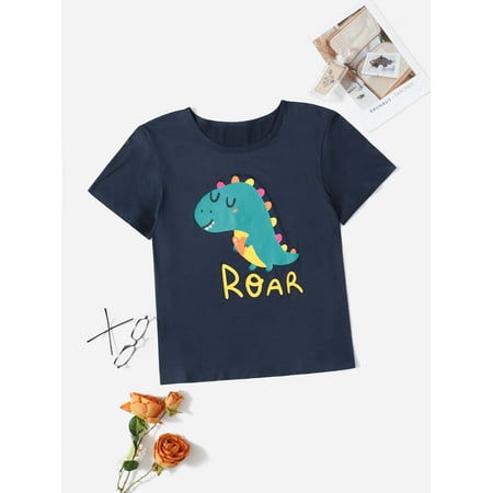 

Navy Blue Casual Women s Plus Dinosaur Letter Print Sleep Top 3XL(18) Y22001D