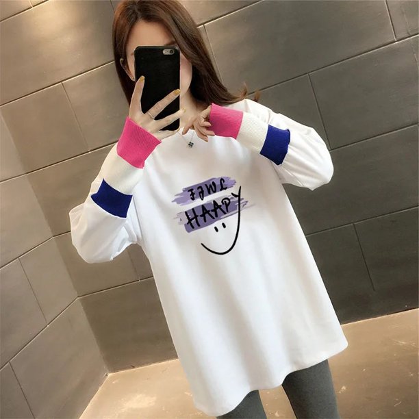 Camiseta interior de mujer con forro polar, manga larga, algodón, estampado, largo medio, holgada, gruesa, para otoño/invierno