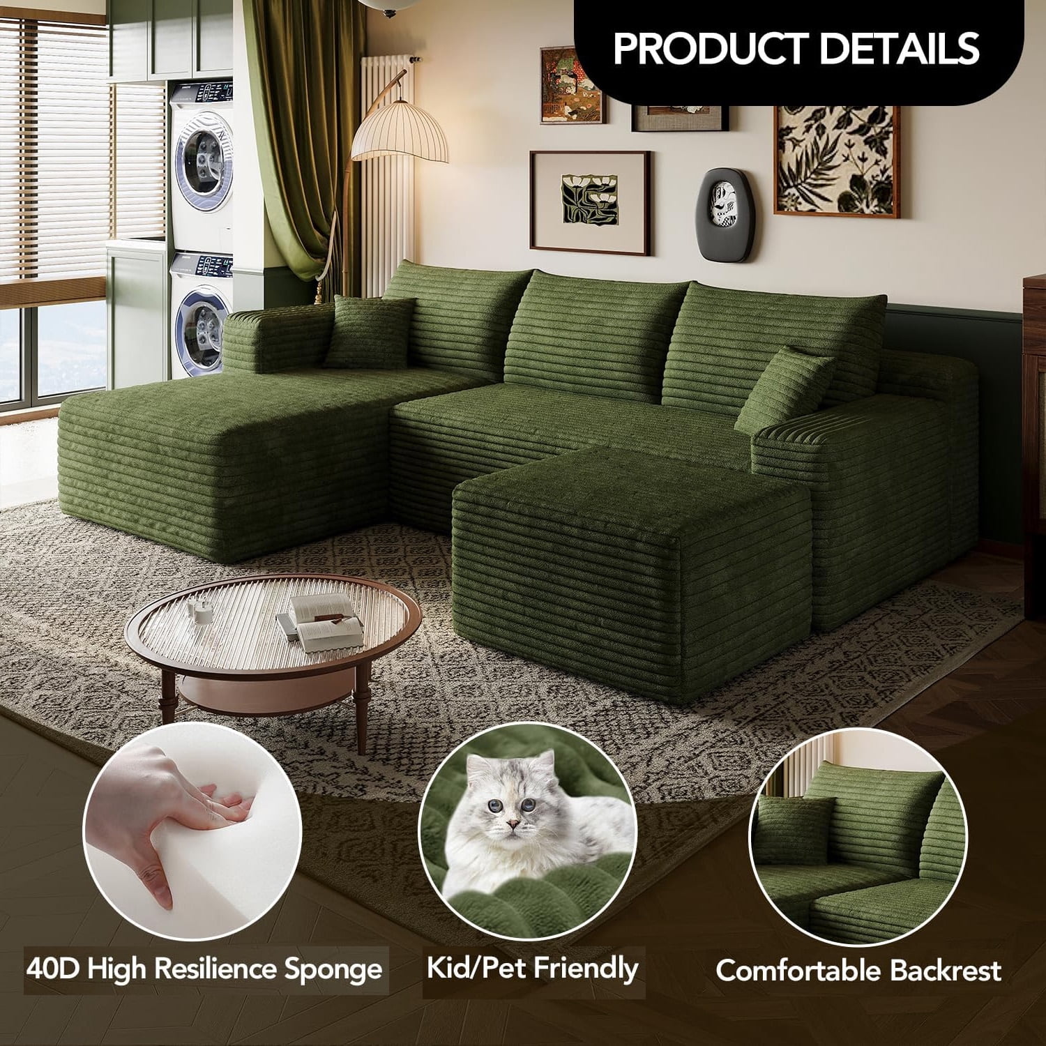 MOONMISS Small Modular Sectional Sofa with Movable Chaise and Ottoman,U-Shaped Boneless Cloud Couch for Living Room Apartment,Green(Left Facing Chaise)