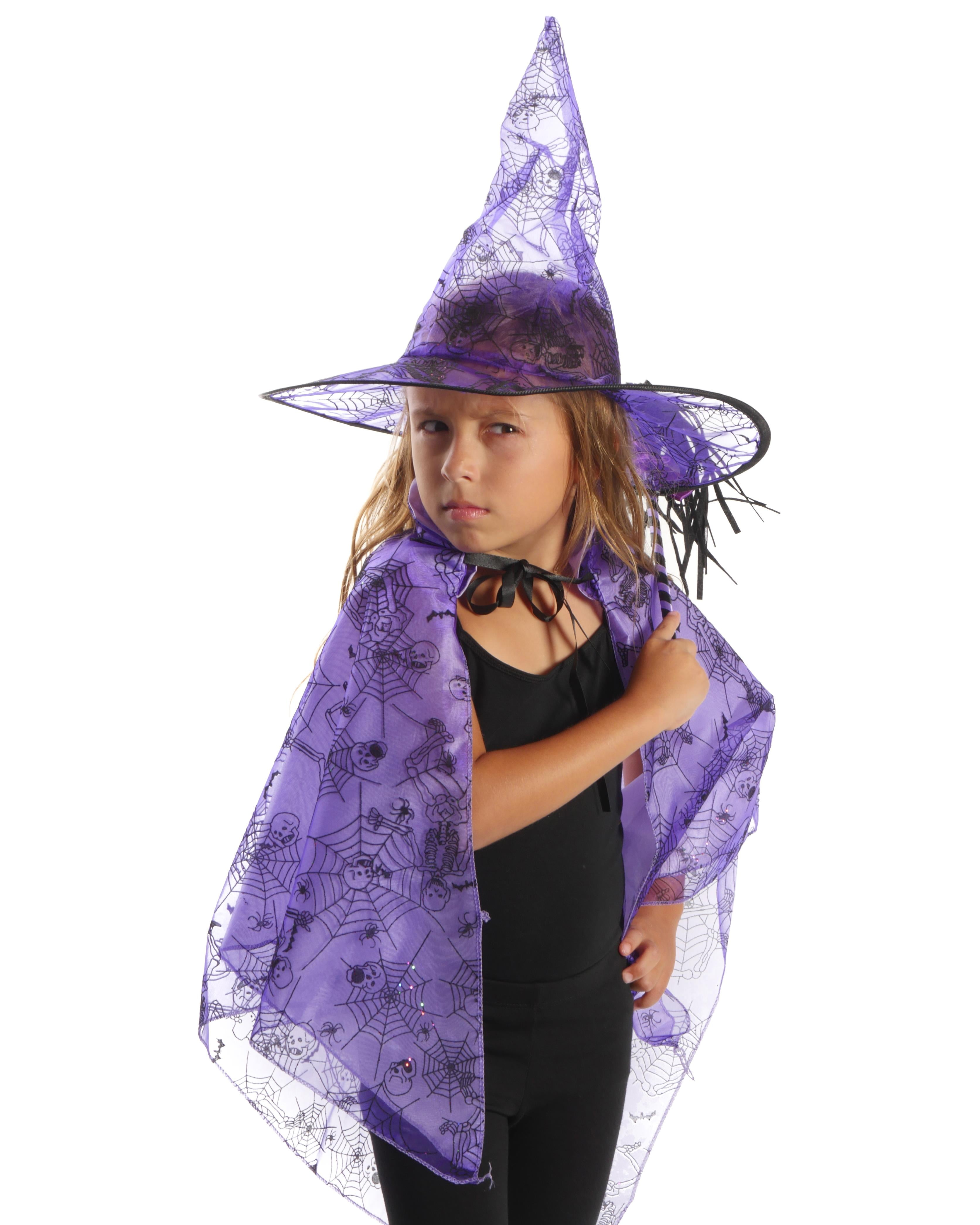 3Pcs Kid Girls Halloween Witch Cosplay Outfit Pumpkin Mesh Dress Pointed Hat Set