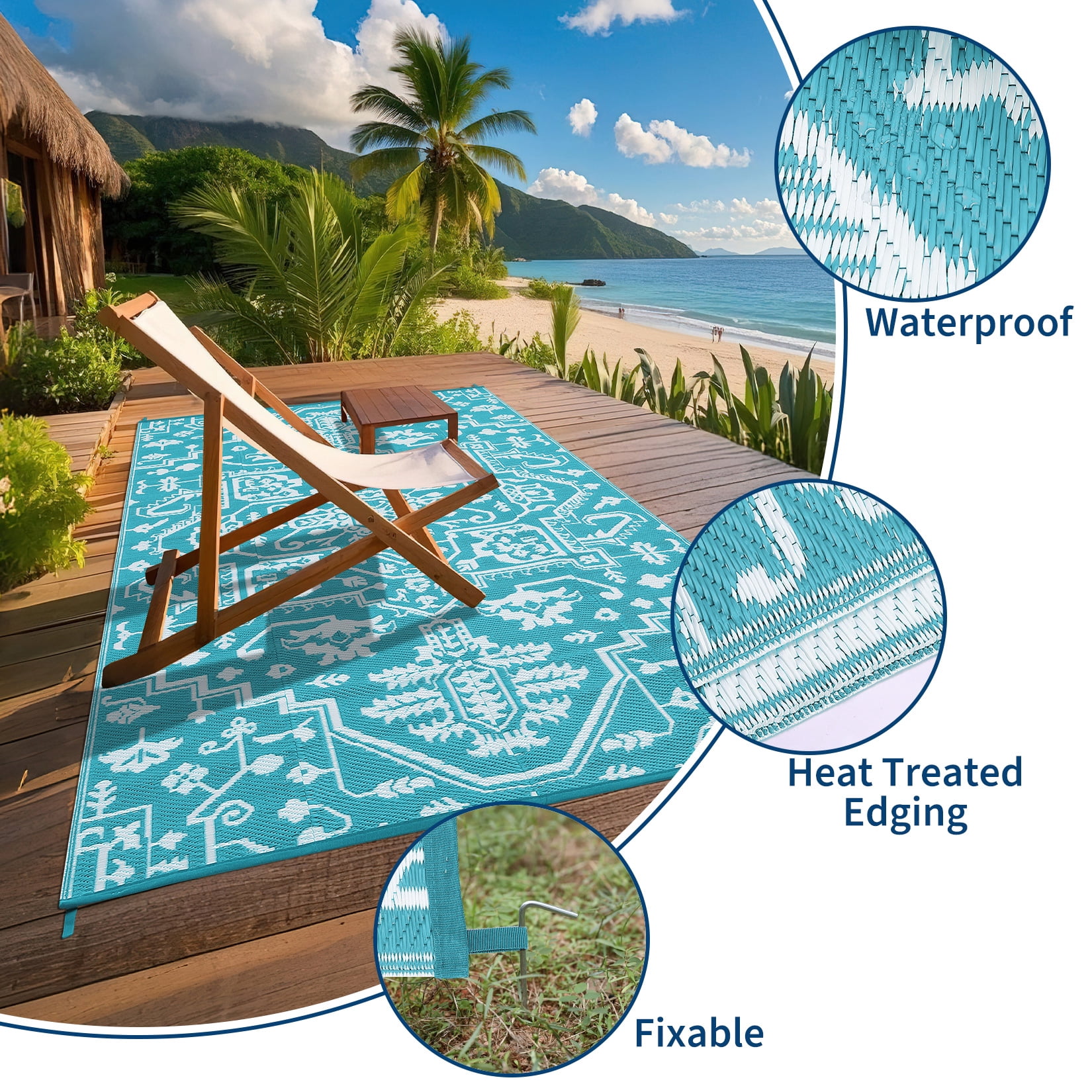 Haperlare 9'x18' Waterproof Outdoor Rug, Reversible Plastic Straw Patio Rug Vintage Medallion Outdoor Carpet, Stain Resistant Portable RV Mat for Balcony, Porch, Picnic, Backyard, Blue and White