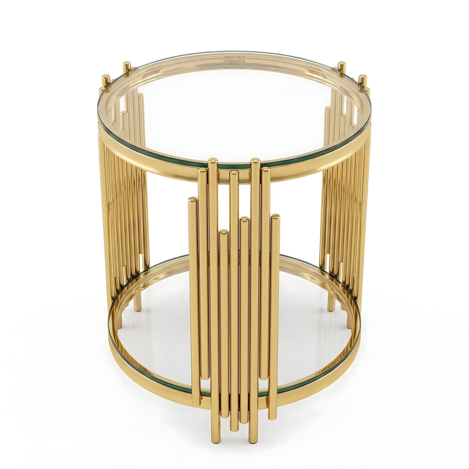 Hommoo 19.7 Inch Round Clear Glass End Table, 2-Tier Modern Luxury Side Table with Stainless Steel Organ-Pipe Base, Tempered Glass Top for Living Room, Bedroom & Home Office, Gold