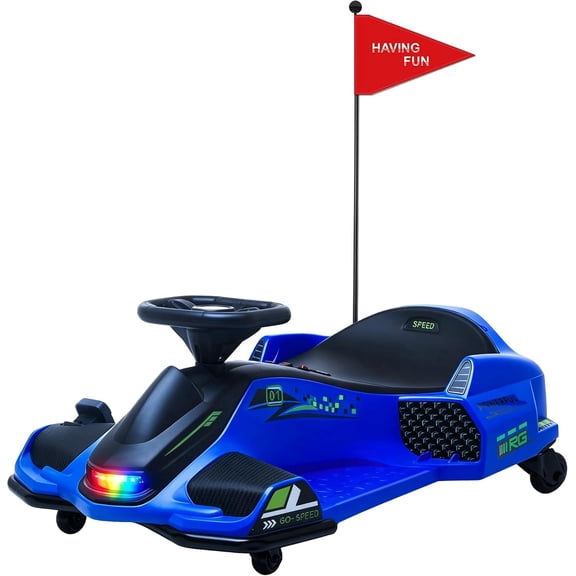 ICEELF 24V Electric Drift Go Kart for Kids, 360째 Rotating Ride-On Car with 180W Brushless Motor, High/Low Speed, Lights, Music, Bluetooth, USB, Replacement Wheels, Blue