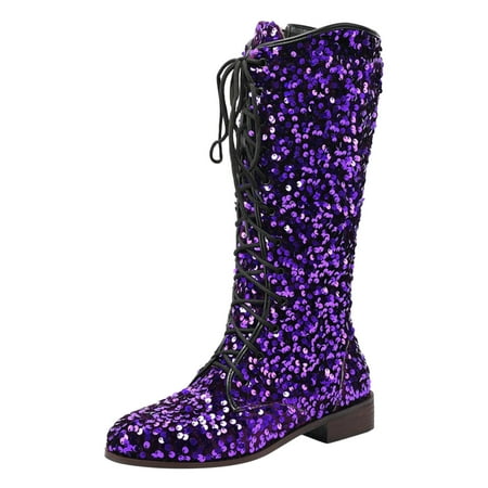 GHSOHS Cowboy Boots for Women Over The Knee Boots Hiking Boots Women s Mid Calf Boots Sequin Decoration Retro Lace Up Thick Heels Low Heels Cowgirl Boots Winter Boots Shoes Hiking Boots Size 40