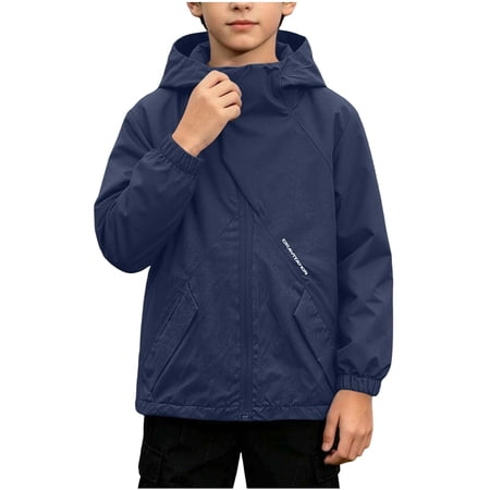Nilvkv Boys Windbreaker Jacket Kids Rain Jacket Solid Color Hooded Waterproof Windbreaker Zip Up Coat Blue 7-8 Years Blue 7-8 Years